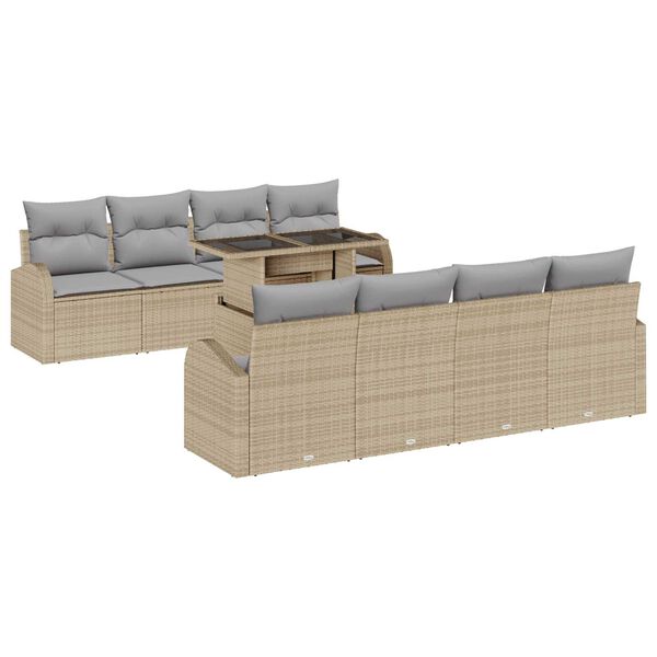 vidaXL Gartensofa-set mit Kissen mit Speicher 9 pcs Beige Poly Rattan