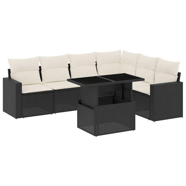 vidaXL 7-tlg. Garten-Sofagarnitur mit Kissen Schwarz Poly Rattan