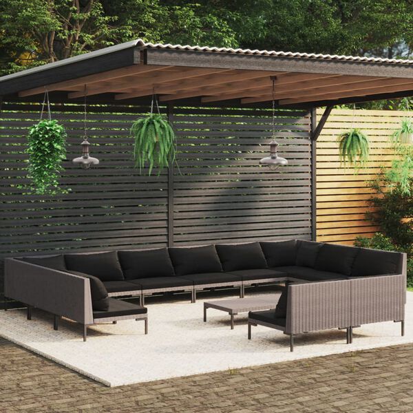 vidaXL 13-tlg. Garten-Lounge-Set mit Kissen Poly Rattan Dunkelgrau