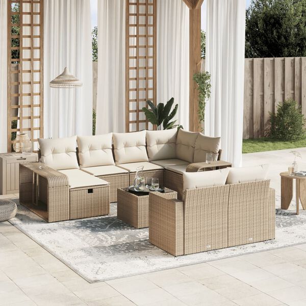vidaXL 11-tlg. Garten-Sofagarnitur mit Kissen Beige Poly Rattan