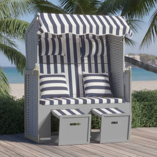 vidaXL Strandkorb mit Kissen Poly Rattan und Massivholz Blau & Wei&szlig;
