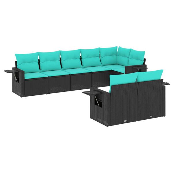 vidaXL 8-teiliges Gartensofa-Set mit Kissen, schwarzes Polyrattan