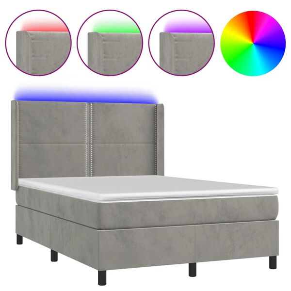vidaXL Boxspringbett mit Matratze & LED Hellgrau 140x190 cm Samt