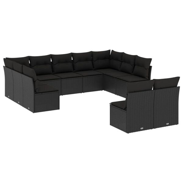 vidaXL 11-tlg. Garten-Sofagarnitur mit Kissen Schwarz Poly Rattan
