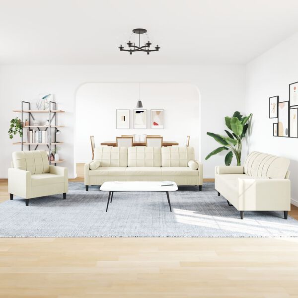 vidaXL 3-tlg. Sofagarnitur mit Kissen und Nackenrollen Creme Samt