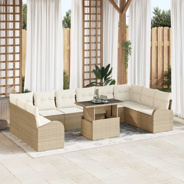 vidaXL Gartensofa-set mit Kissen mit Speicher 11 pcs Beige Poly Rattan