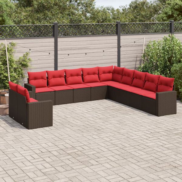 vidaXL 11-tlg. Garten-Sofagarnitur mit Kissen Braun Poly Rattan