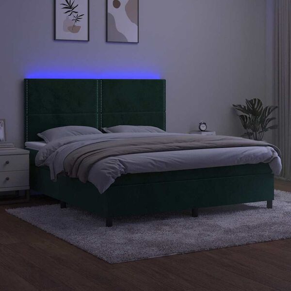 vidaXL Boxspringbett mit Matratze & LED Dunkelgr&uuml;n 180x200 cm Samt