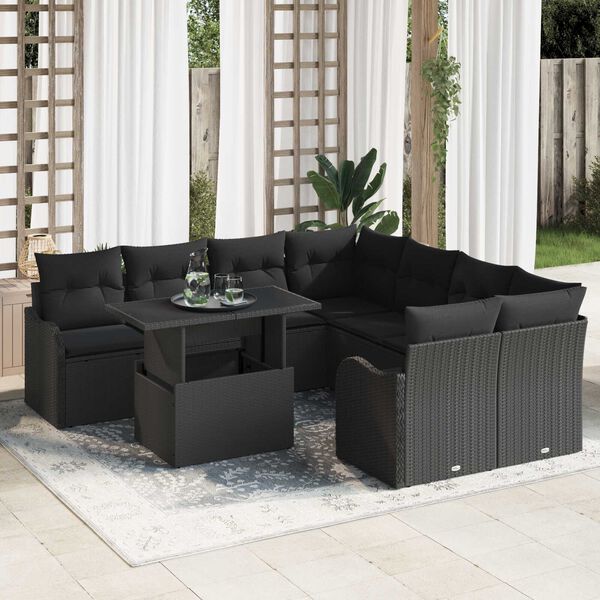 vidaXL Gartensofa-set mit Kissen mit Kissen 9 pcs Schwarz Poly Rattan