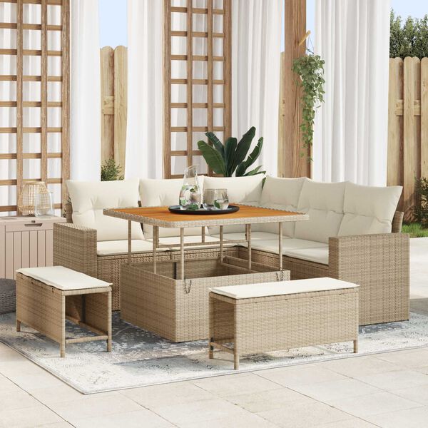 vidaXL Gartensofa-set mit Kissen 9 pcs Beige und Creme Poly-Rattan