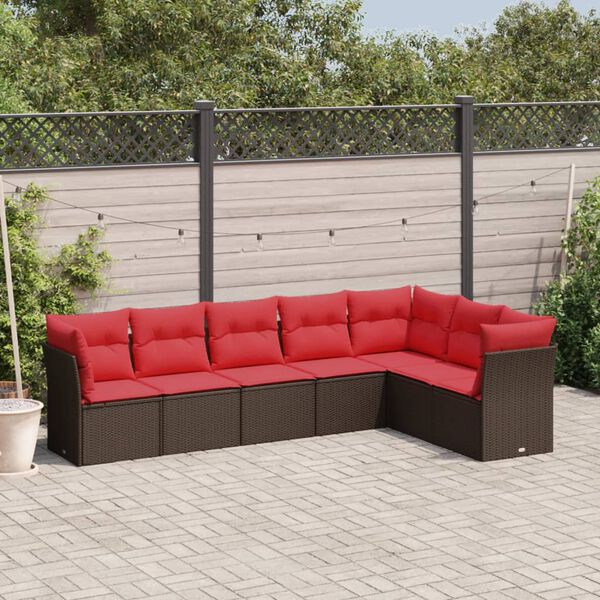 vidaXL 7-tlg. Garten-Sofagarnitur mit Kissen Braun Poly Rattan