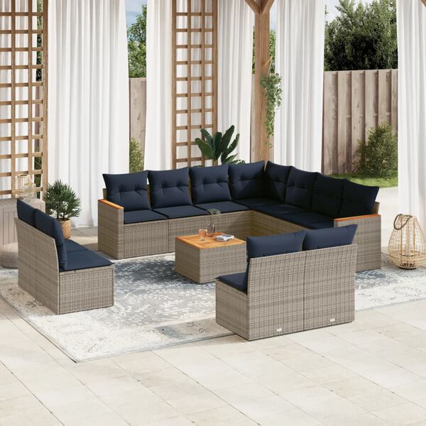 vidaXL 12-teiliges Gartensofa-Set mit Kissen, grau, Polyrattan
