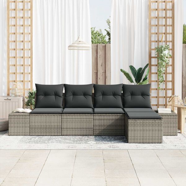 vidaXL Garten-Sofa-Set mit Kissen 5 pcs Grau Poly-Rattan
