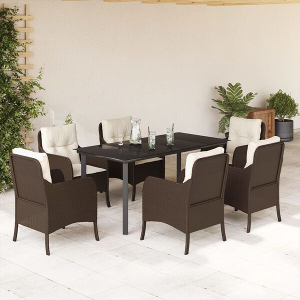 vidaXL 7-tlg. Garten-Essgruppe mit Kissen Braun Poly Rattan
