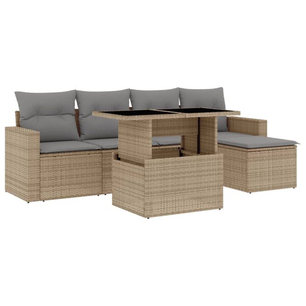vidaXL 6-tlg. Garten-Sofagarnitur mit Kissen Beige Poly Rattan