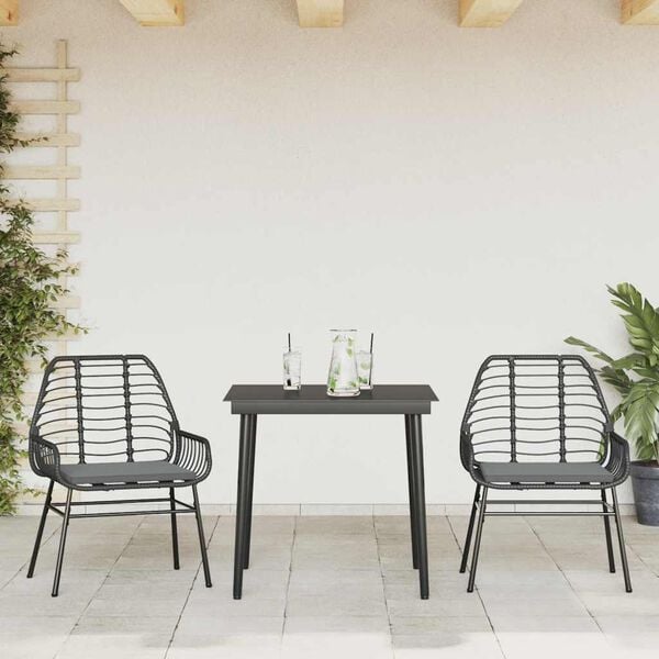 vidaXL 3-tlg. Garten-Essgruppe mit Kissen Schwarz Poly Rattan Glas