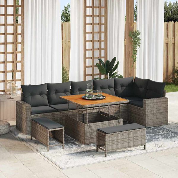 vidaXL Garten-Sofa-Set mit Kissen mit Speicher 9 pcs Grau