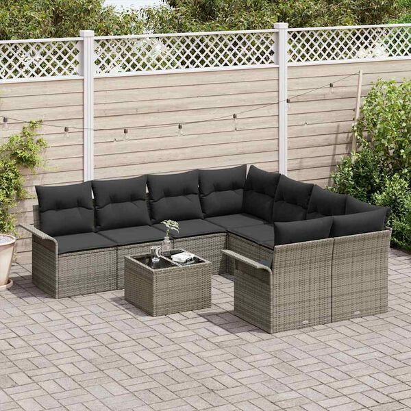 vidaXL Gartensofa-set mit Kissen mit Speicher 9 pcs Grau Poly-Rattan