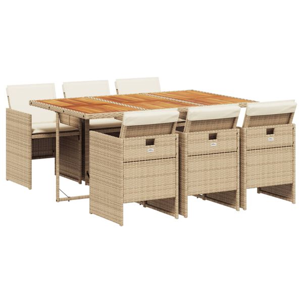 vidaXL 7-tlg. Garten-Essgruppe mit Kissen Beige Poly Rattan