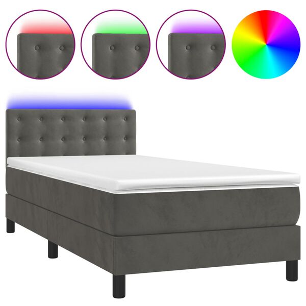 vidaXL Boxspringbett mit Matratze & LED Dunkelgrau 90x200 cm Samt