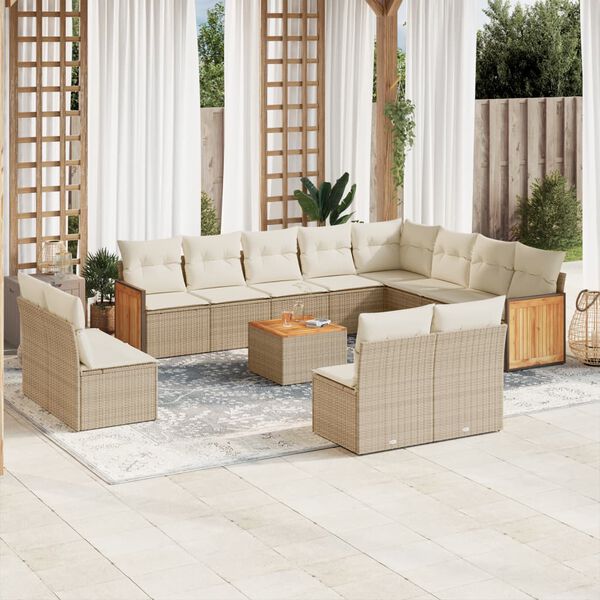 vidaXL 13-tlg. Garten-Sofagarnitur mit Kissen Beige Poly Rattan