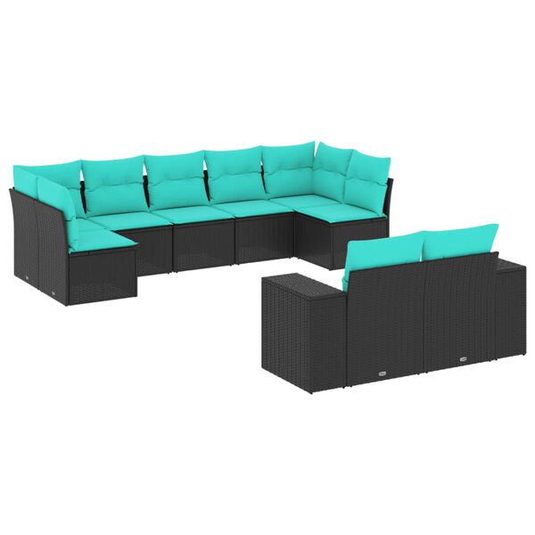 vidaXL 9-teiliges Gartensofa-Set mit Kissen, schwarzes Polyrattan