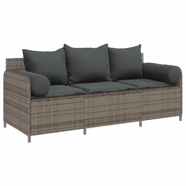 vidaXL Gartensofa mit Kissen 3-Sitzer Grau Poly Rattan