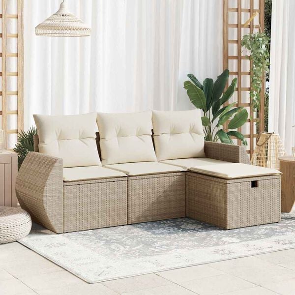vidaXL 4-tlg. Garten-Sofagarnitur mit Kissen Beige Poly Rattan