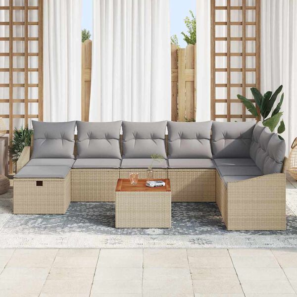 vidaXL Gartensofa-set mit Kissen mit Speicher 9 pcs Beige Poly Rattan