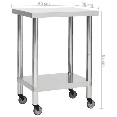 vidaXL Küchen-Arbeitstisch mit Rollen 60x30x85 cm Edelstahl