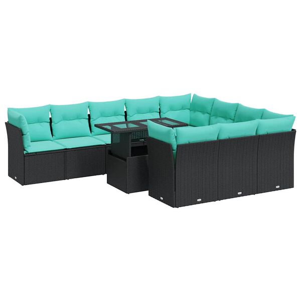 vidaXL 11-tlg. Garten-Sofagarnitur mit Kissen Schwarz Poly Rattan
