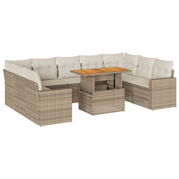 vidaXL 10-tlg. Garten-Sofagarnitur mit Kissen Beige Poly Rattan