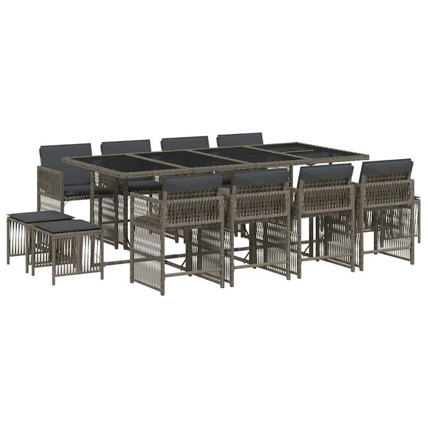 vidaXL 13-tlg. Garten-Essgruppe mit Kissen Grau Poly Rattan