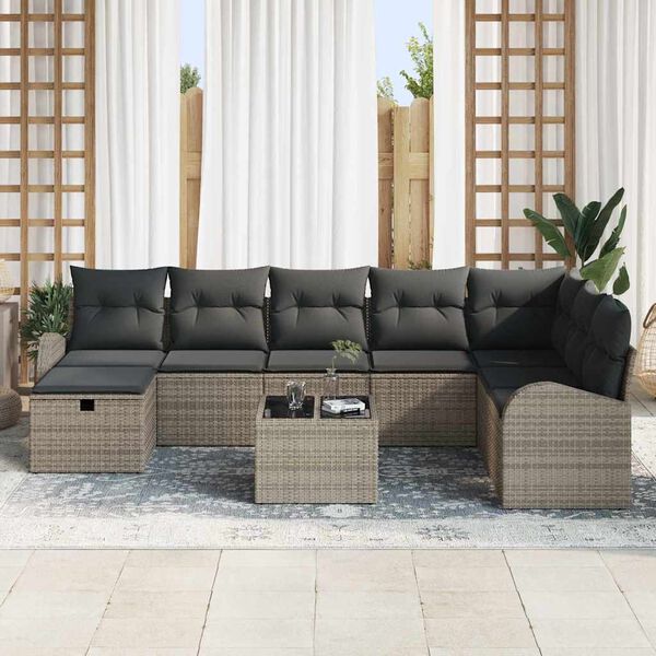 vidaXL Garten-Sofa-Set mit Kissen mit Speicher 9 pcs Grau Poly Rattan