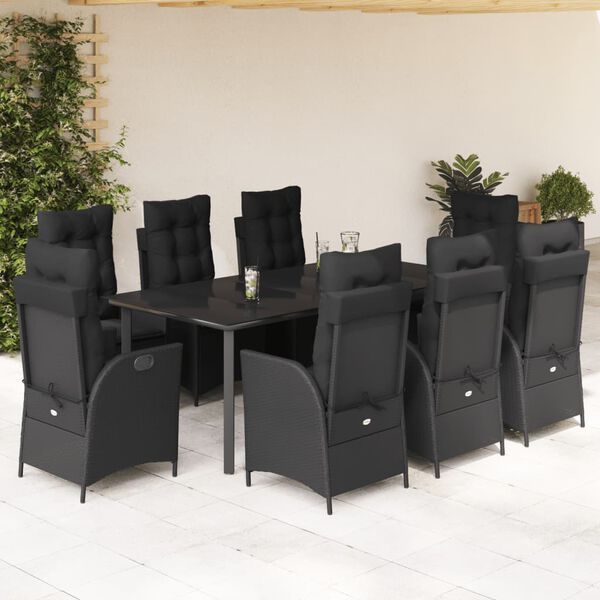 vidaXL 9-tlg. Garten-Essgruppe mit Kissen Schwarz Poly Rattan