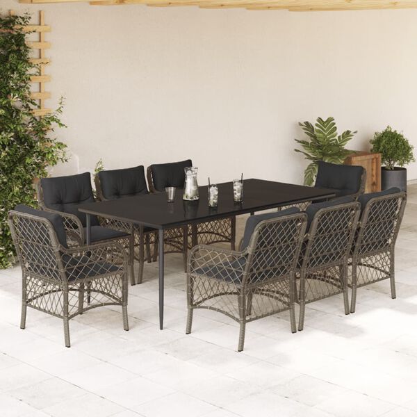 vidaXL 9-tlg. Garten-Essgruppe mit Kissen Grau Poly Rattan