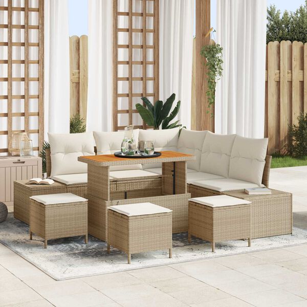 vidaXL Gartensofa-set mit Kissen mit Speicher 9 pcs Beige Poly Rattan