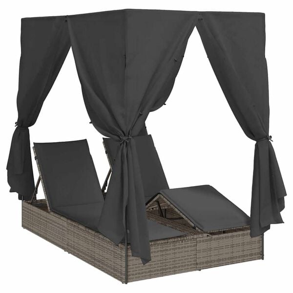 vidaXL Doppelte Sonnenliege mit Dach Grau 205 x 129 x 200 cm PE Rattan