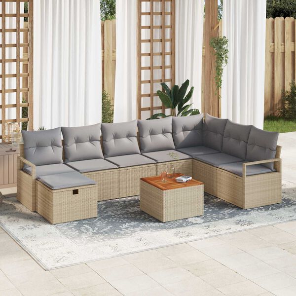 vidaXL Garten-Sofa-Set mit Kissen mit Speicher 9 pcs Beige Poly Rattan