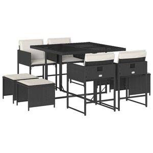 vidaXL 9-tlg. Garten-Essgruppe mit Kissen Schwarz Poly Rattan