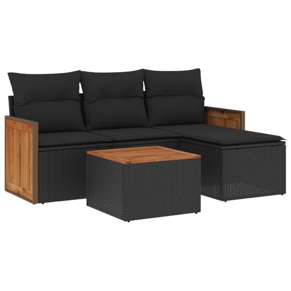 vidaXL 5-tlg. Garten-Sofagarnitur mit Kissen Schwarz Poly Rattan
