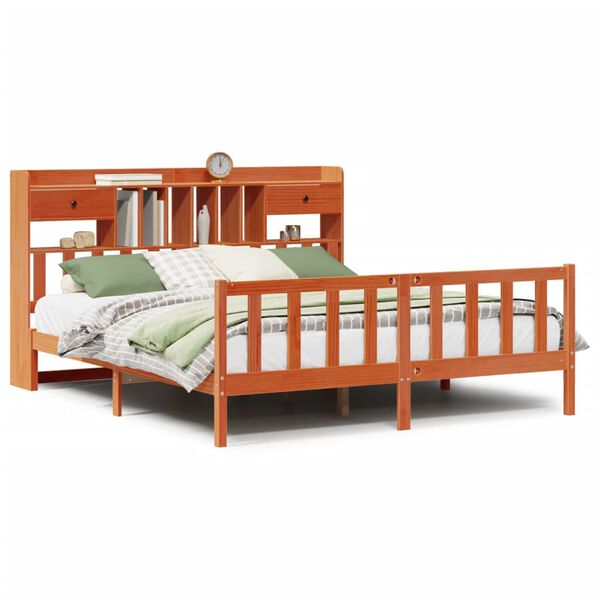 vidaXL Massivholzbett mit Regal ohne Matratze Wachsbraun 200x200 cm