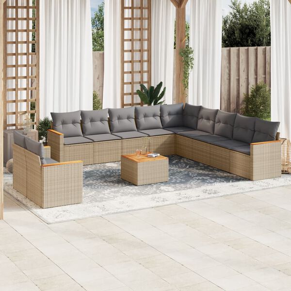 vidaXL 12-tlg. Garten-Sofagarnitur mit Kissen Beige Poly Rattan