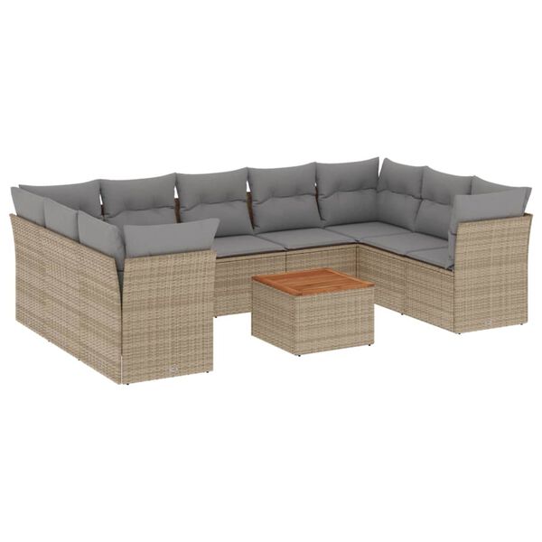 vidaXL 10-tlg. Garten-Sofagarnitur mit Kissen Beige Poly Rattan
