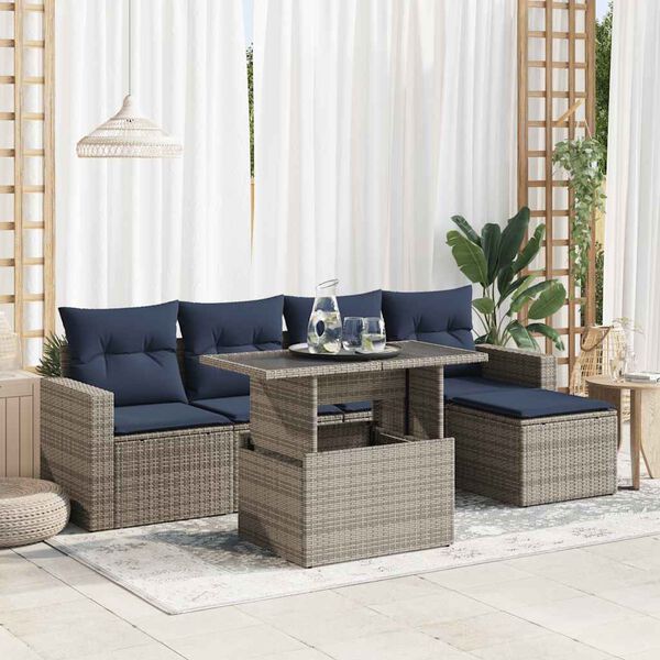 vidaXL 6-tlg. Garten-Sofagarnitur mit Kissen Grau Poly Rattan Akazie