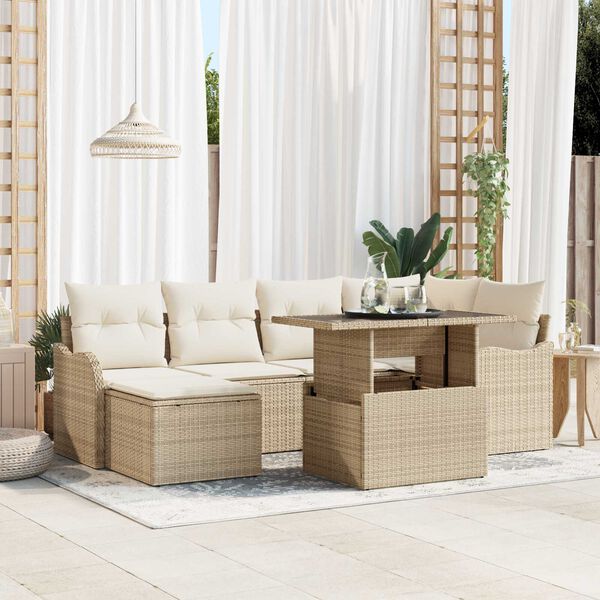 vidaXL Garten-Sofa-Set mit Kissen mit Speicher 7 pcs Beige Poly Rattan