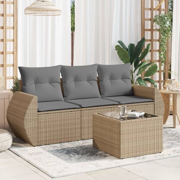 vidaXL 4-tlg. Garten-Sofagarnitur mit Kissen Beige Poly Rattan