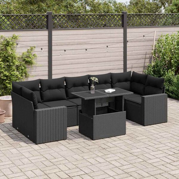 vidaXL 8-tlg. Garten-Sofagarnitur mit Kissen Schwarz Poly Rattan