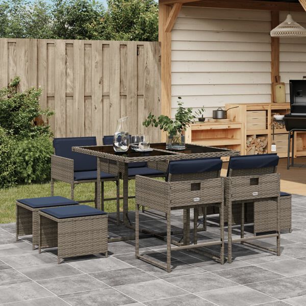 vidaXL 9-teiliges Garten-Ess-Set mit Kissen, grau, Polyrattan
