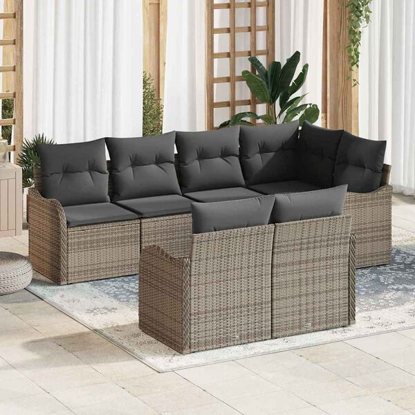 vidaXL Garten-Sofa-Set mit Kissen mit Speicher 7 pcs Grau Poly Rattan